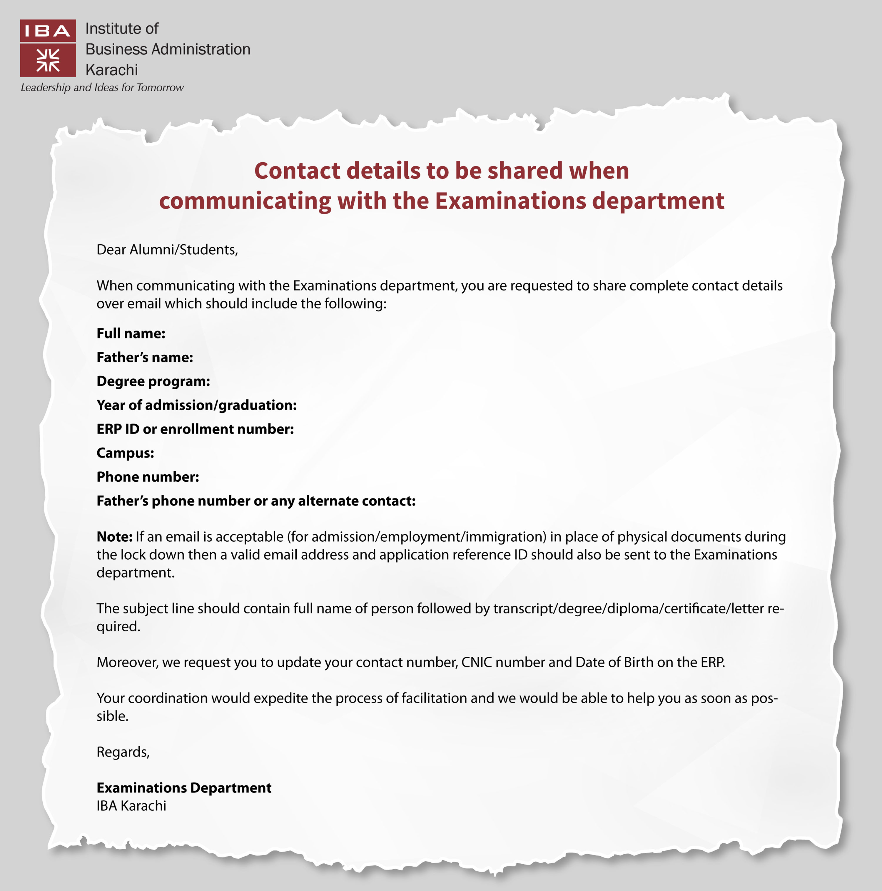 Contact details to be shared when communicating with the Examinations department