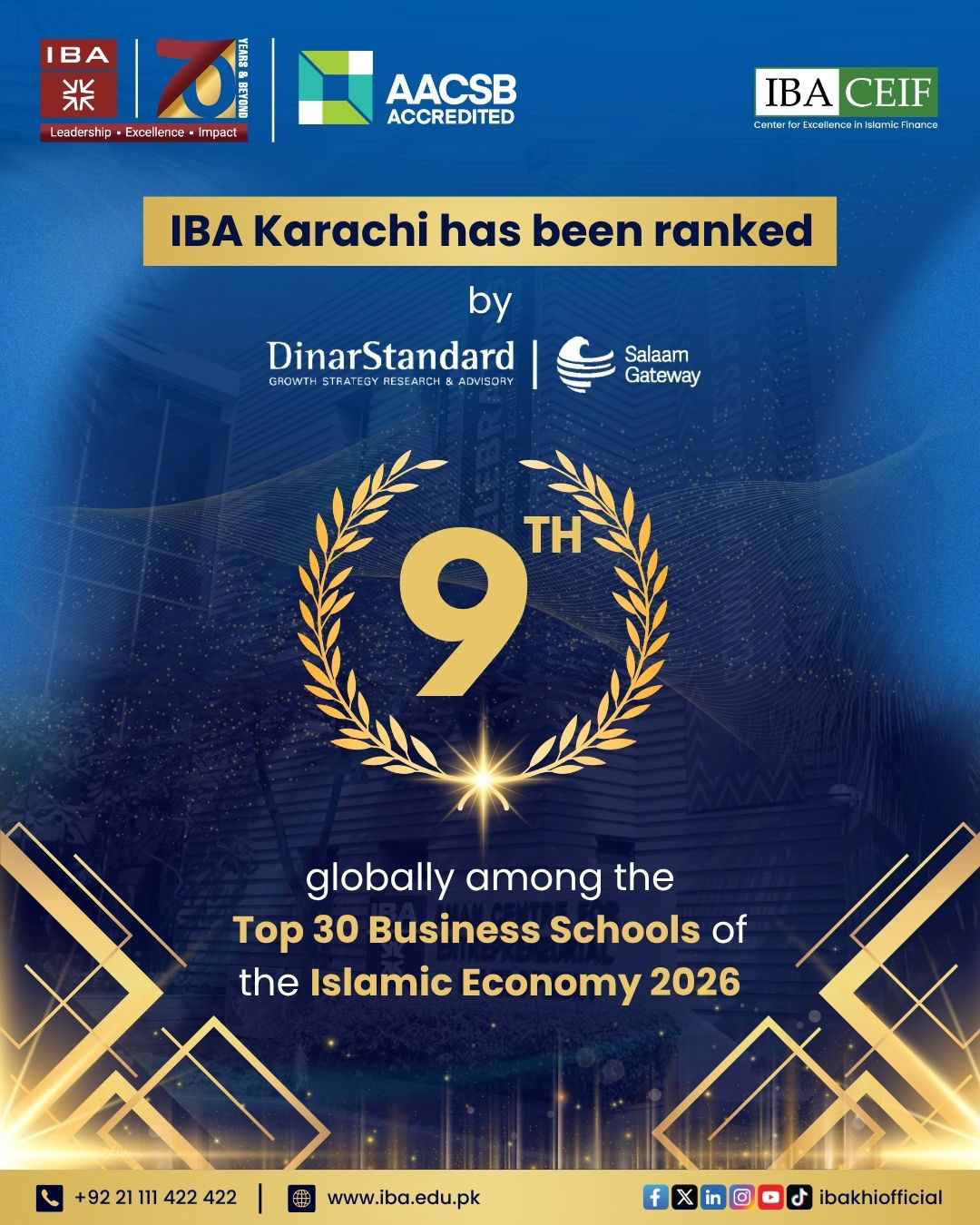 IBA Karachi Secures 9th Position In Top 30 Business Schools Of The Islamic Economy 2026 Ranking By DinarStandard and SalaamGateway