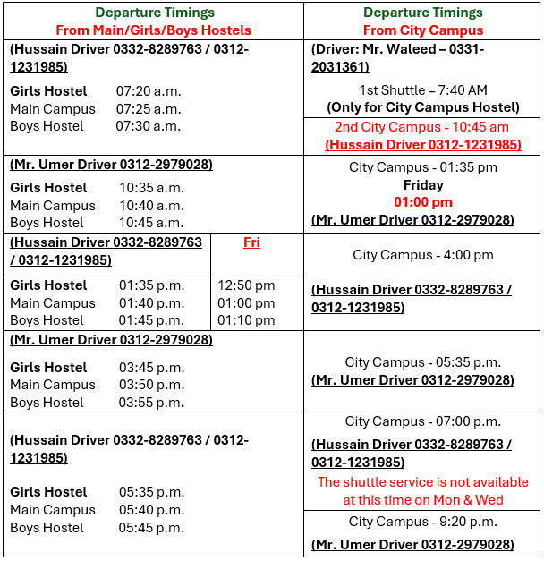 Shuttle Service Timing