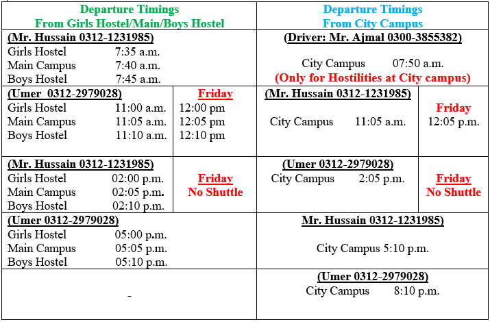 Shuttle Service Timing