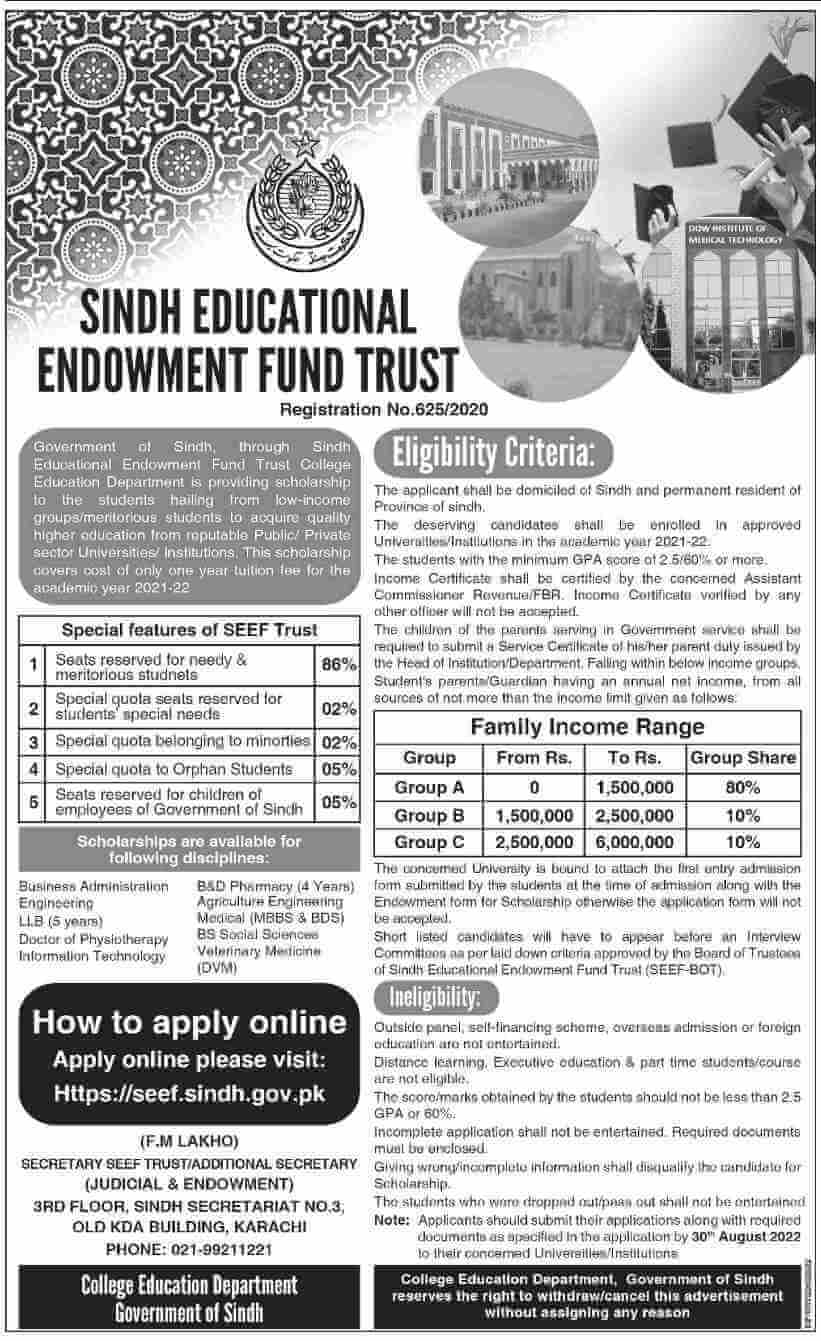 Sindh Educational Endowment Fund (SEEF) Trust Scholarship for the academic year 2021-22